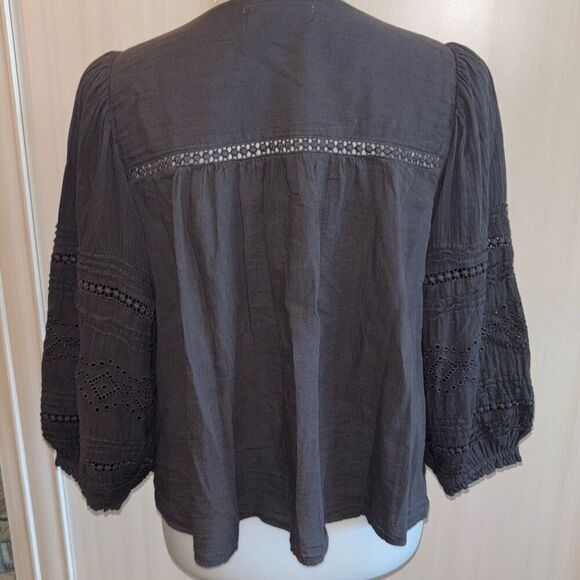 Lucky Brand gray eyelet button front w/tie boho peasant shirt top blouse S - Picture 8 of 14